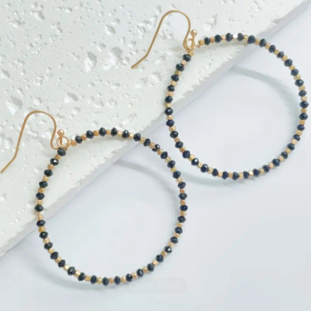Beaded Black and Gold Hoop Earrings